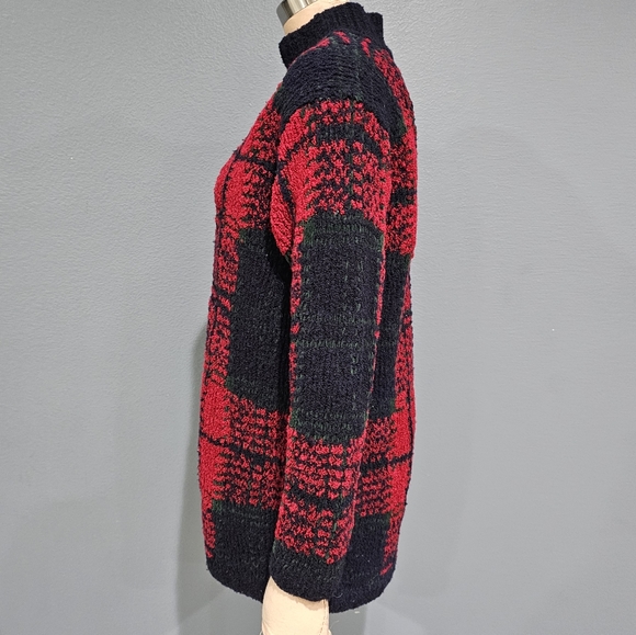 Vintage JONES NEW YORK Red Plaid Chenille Wool Blend Knit Oversized Sweater S - Picture 6 of 7